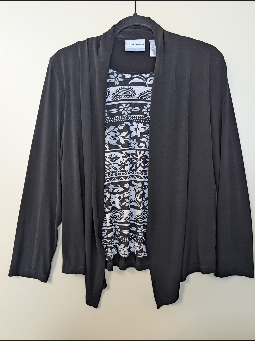 Alfred Dunner Petite PM 2‑Piece Cardigan Set Black Open Front Top Floral Paisley